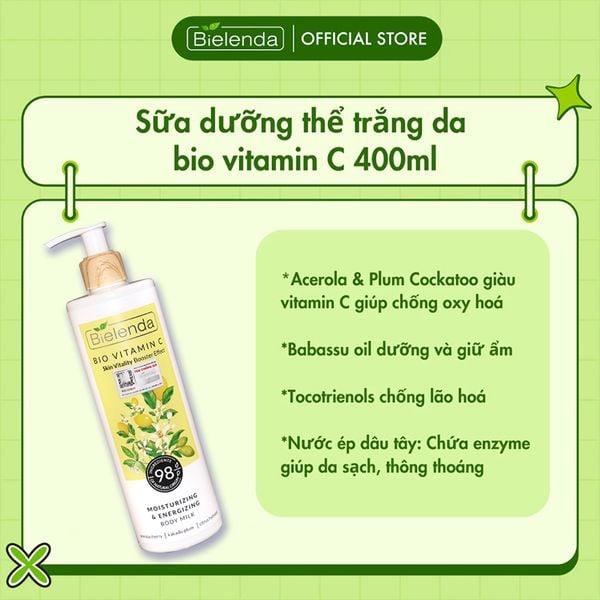  Sữa Dưỡng Thể Hỗ Trợ Trắng Da Bielenda Bio Vitamin C Moisturizing And Toning Body Milk 400ml 