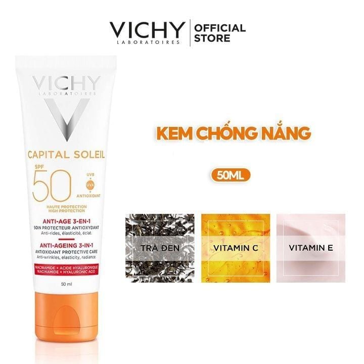 Kem Chống Nắng Vichy Hỗ Trợ Ngăn Ngừa Lão Hóa Da Capital Soleil Anti-Ageing 3-In-1 SPF50+ 50ml