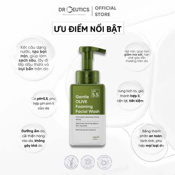  Bọt Rửa Mặt DrCeutics Làm Sạch Dịu Nhẹ Gentle Olive Foaming Facial Wash 420g 