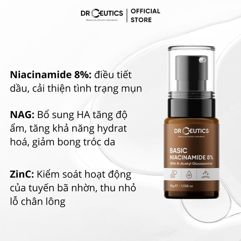 Serum DrCeutics Giảm Thâm, Sáng Da & Kiềm Dầu Basic Niacinamide 8% 30g