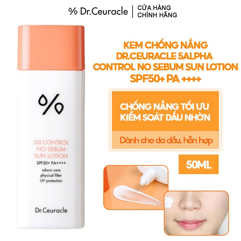 Kem Chống Nắng Kiểm Soát Dầu Dr.Ceuracle 5alpha Control No Sebum Sun Lotion SPF50+ PA ++++ 50ml