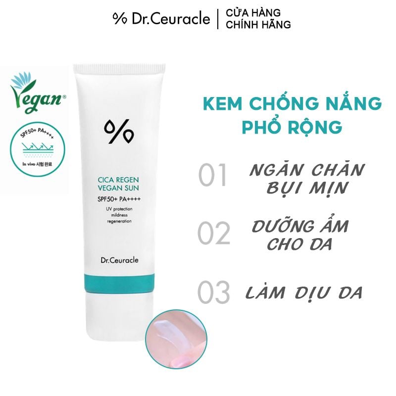 Kem Chống Nắng Dr.Ceuracle Làm Dịu Da, Dành Cho Da Nhạy Cảm Cica Regen Vegan Sun SPF50+/PA++++ 50ml