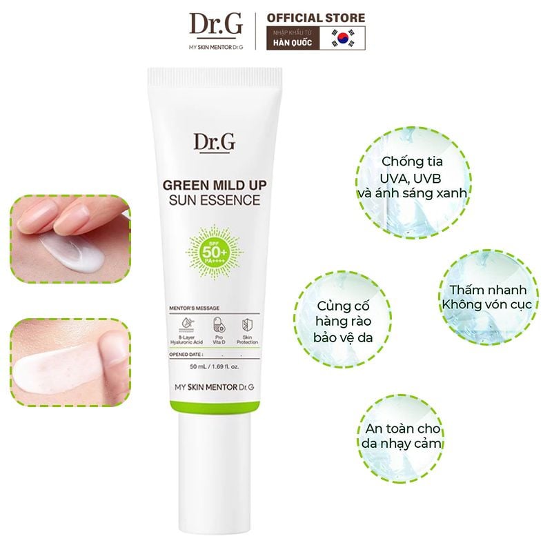 Kem Chống Nắng Dr.G Dưỡng Ẩm, Chống Ánh Sáng Xanh Cho Da Nhạy Cảm Green Mild Up Sun Essence SPF50+ PA++++ 50ml
