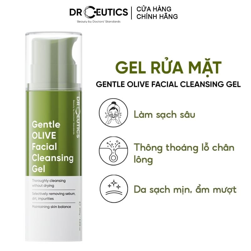 Gel Rửa Mặt Drceutics Tạo Bọt, Làm Sạch Dịu Nhẹ, Dưỡng Ẩm Gentle Olive Facial Cleansing Gel 250g