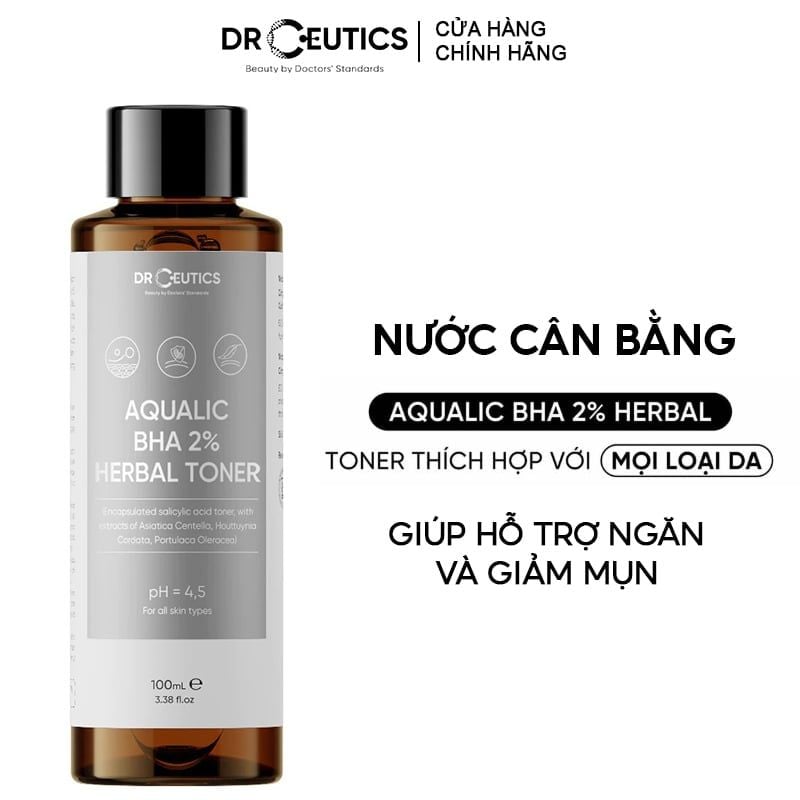 Nước Cân Bằng DrCeutics Làm Dịu Da, Hỗ Trợ Giảm Mụn Aqualic BHA 2% Herbal Toner 100ml