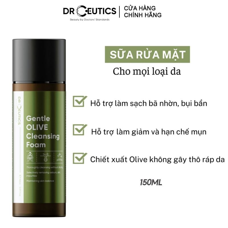 Sữa Rửa Mặt Sạch Sâu, Dịu Nhẹ Cho Da DrCeutics Gentle Olive Cleansing Foam 150ml