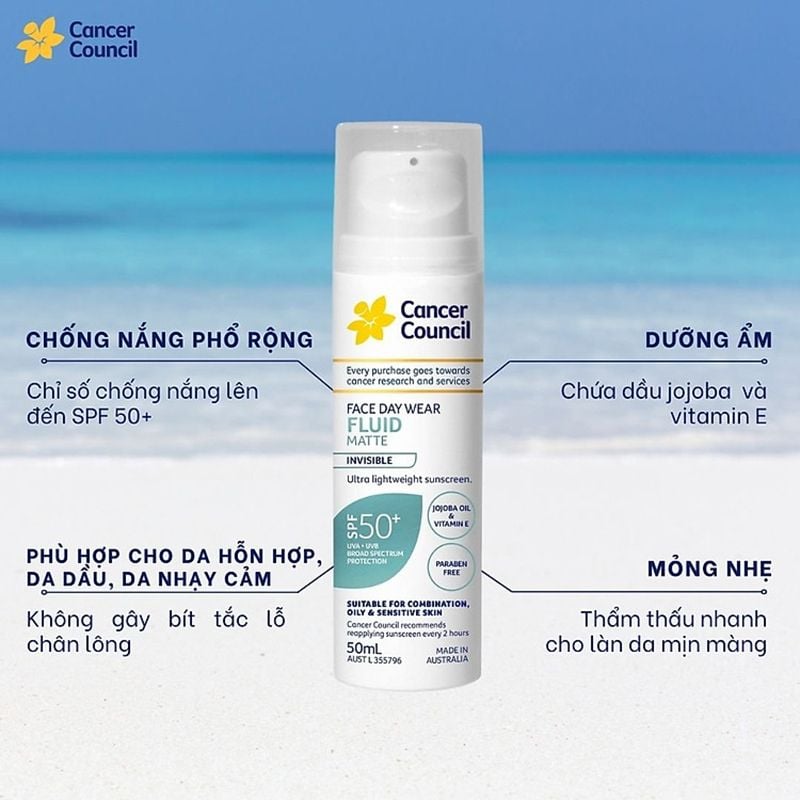 Kem Chống Nắng Cancer Council Lành Tính, Dành Cho Da Nhạy Cảm & Treatment Face Day Wear Fluid Matte SPF50+ 50ml