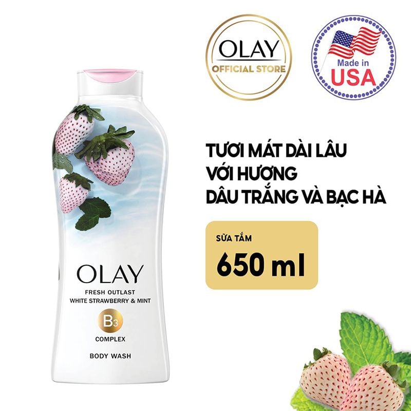 Bộ Sữa Tắm Dưỡng Ẩm Hương Thiên Nhiên OLAY (Fresh Outlast White Strawberry & Mint Body Wash 650ml + Age Defying Vitamin E Body Wash 364ml)