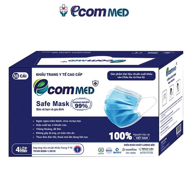 [Hộp 50 cái] Khẩu Trang Y Tế Ecom Kháng Khuẩn 4 Lớp Med Medical Face Mask
