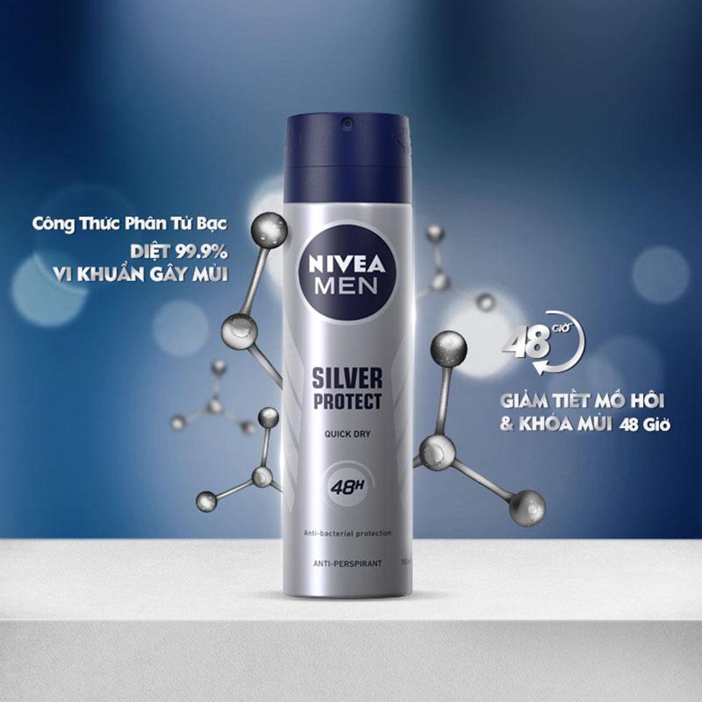Xịt Khử Mùi Cho Nam Men Phân Tử Bạc Kháng Khuẩn Nivea Men Silver Protect Quick Dry Anti-Perspirant Spray 150ml
