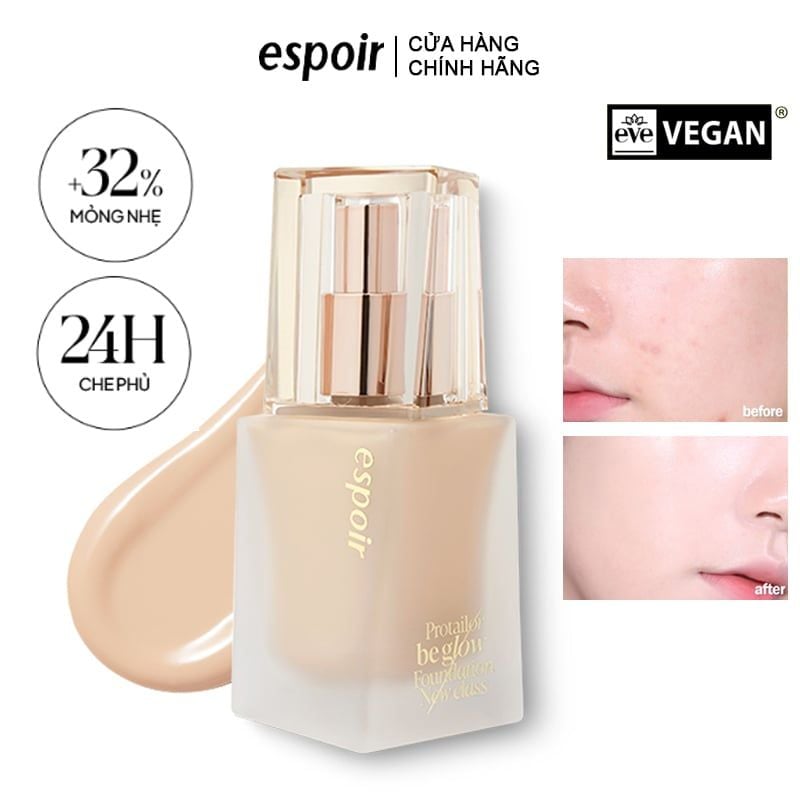 Kem Nền Thuần Chay, Căng Bóng Tự Nhiên Espoir Pro Tailor Be Glow Foundation New Class SPF27 PA++ 30g