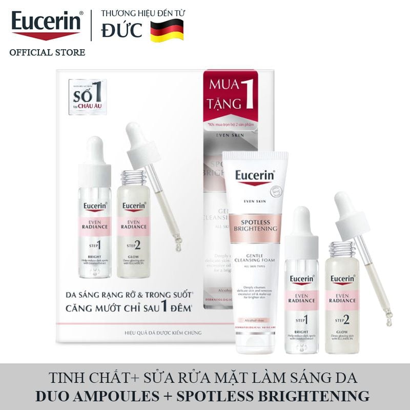 Bộ Đôi Dưỡng Sáng Và Căng Mướt Cho Da Eucerin Even Radiance Duo Ampoules 2x15ml + Spotless Brightening Gentle Cleansing Foam