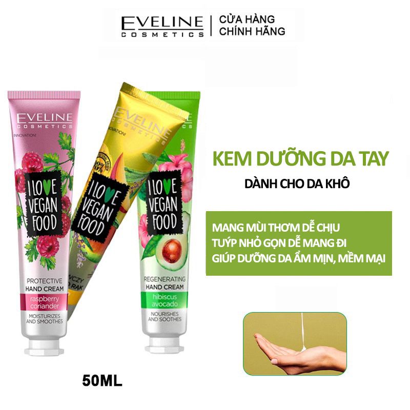 Kem Dưỡng Da Tay Chiết Xuất Tự Nhiên Dưỡng Da Mềm Mại Eveline Cosmetics I Love Vegan Food Hand Cream 50ml