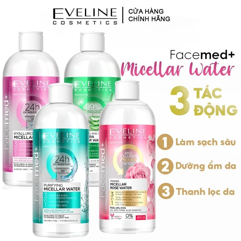 Nước Tẩy Trang Eveline Làm Sạch, Dưỡng Ẩm Da Facemed+ Micellar Water 400ml