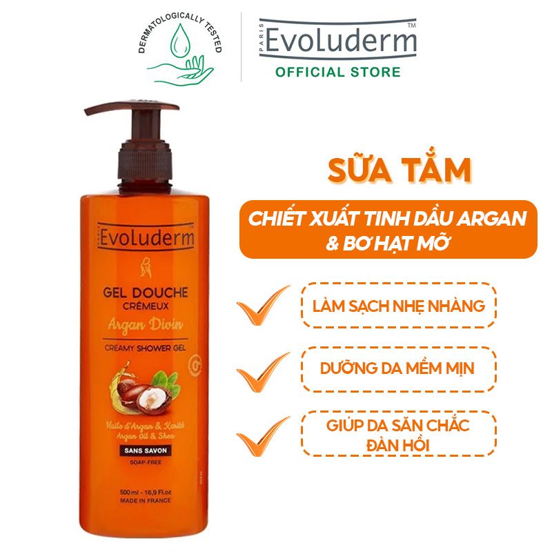 Sữa Tắm Evoluderm Dạng Gel Chiết Xuất Tinh Dầu Argan Và Bơ Hạt Mỡ Argan Divin Creamy Shower Gel 500ml