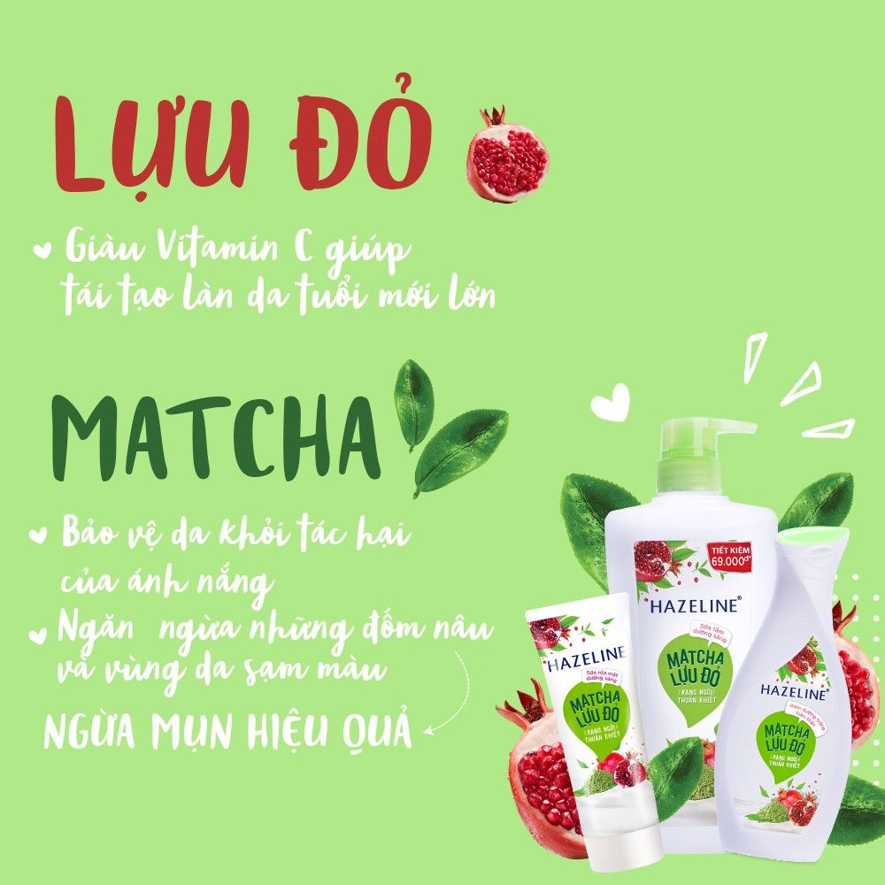 Hazeline Sữa Tắm Sáng Mịn Rạng Ngời - Matcha & Lựu Đỏ