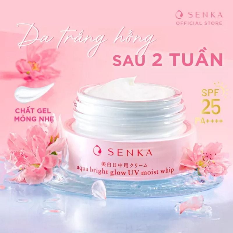 Kem Dưỡng Hỗ Trợ Sáng Da, Giảm Thâm Nám Ban Ngày Senka Aqua Bright Glow UV Moist Whip SPF25+/PA++ 50g