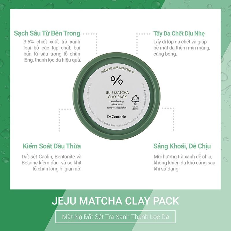 Mặt Nạ Đất Sét Dr.Ceuracle Trà Xanh Thu Nhỏ Lỗ Chân Lông, Cho Da Dầu Mụn, Mụn Đầu Đen Jeju Matcha Clay Pack 115g