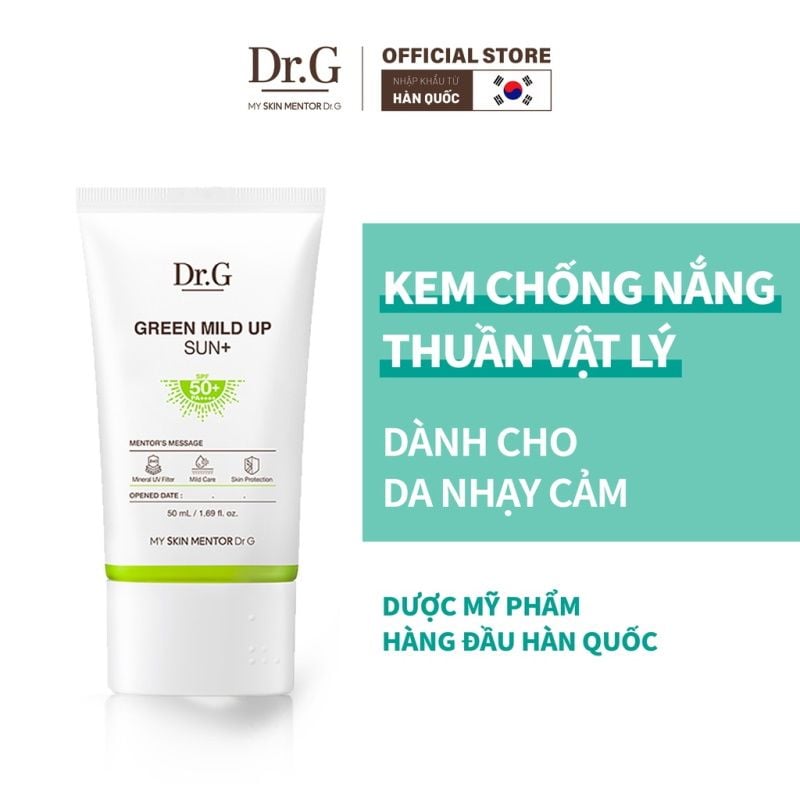 Kem Chống Nắng Vật Lý, Chống Ánh Sáng Xanh, Giảm Mụn Dành Cho Da Nhạy Cảm Dr.G Green Mild Up Sun+ SPF50+/ PA++++ 50ml