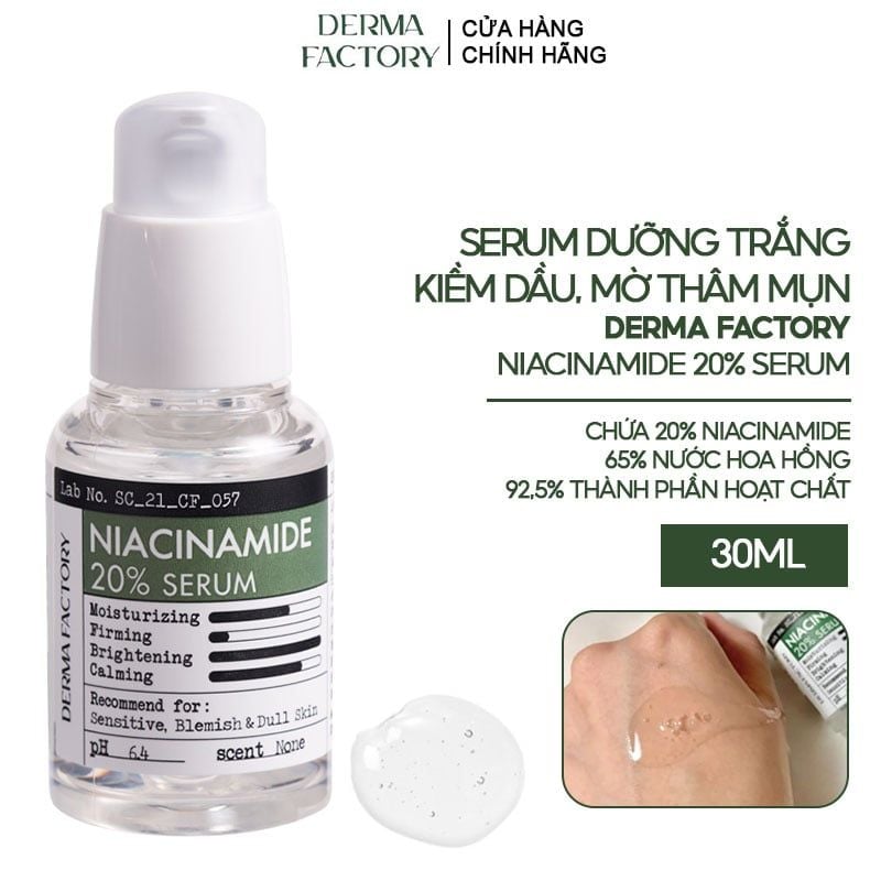 Serum Derma Factory Hỗ Trợ Dưỡng Trắng, Kiềm Dầu, Mờ Thâm Niacinamide 20% Serum 30ml