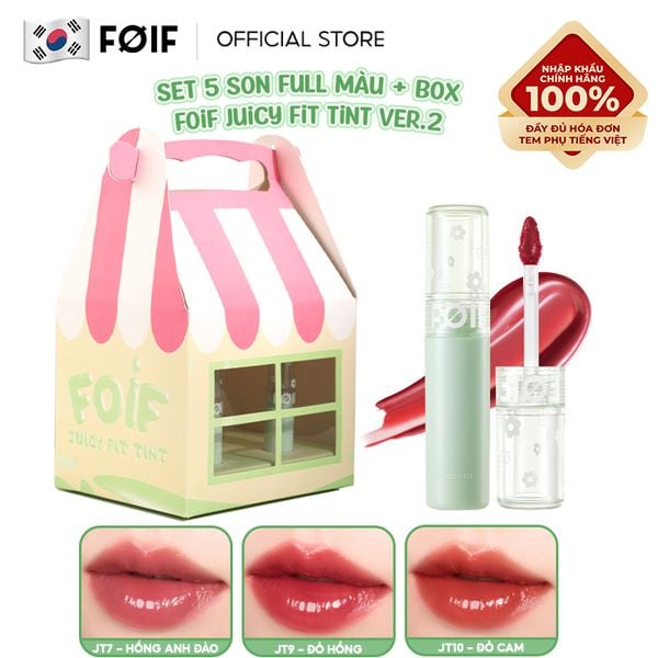  [Ver.2] Set 5 Son Tint Bóng FOIF Thuần Chay Juicy Fit Tint Ver.2 PR Box (full màu son kèm hộp) 