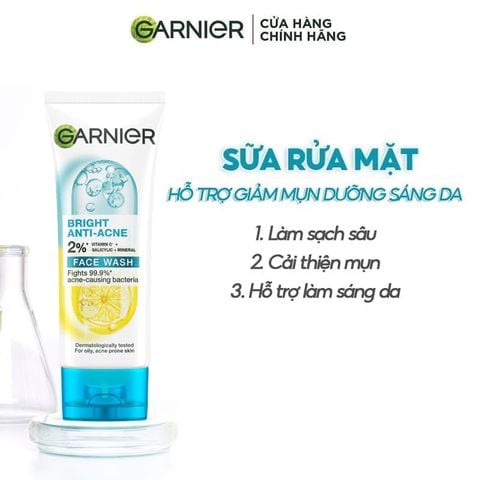 Sữa Rửa Mặt Garnier 3 Trong 1 Hỗ Trợ Giảm Mụn, Hỗ Trợ Dưỡng Sáng Da Bright Complete 3-in-1 Anti-Acne Foam 100ml