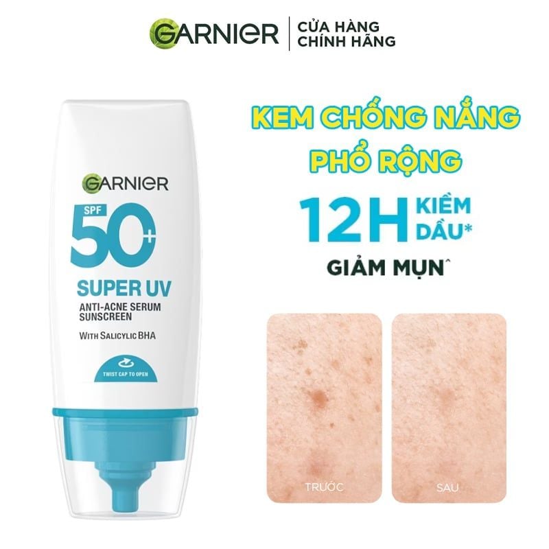 Kem Chống Nắng Phổ Rộng Garnier Kiềm Dầu, Hỗ Trợ Giảm Mụn Super Uv Anti-Acne Serum Sunscreen SPF50+ PA++++ 30ml