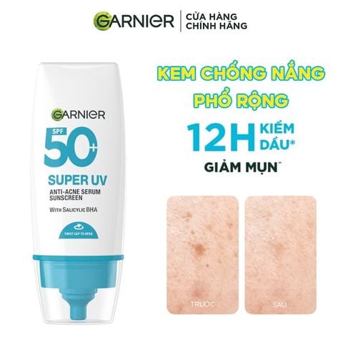 Kem Chống Nắng Phổ Rộng Garnier Kiềm Dầu, Hỗ Trợ Giảm Mụn Super Uv Anti-Acne Serum Sunscreen SPF50+ PA++++ 30ml