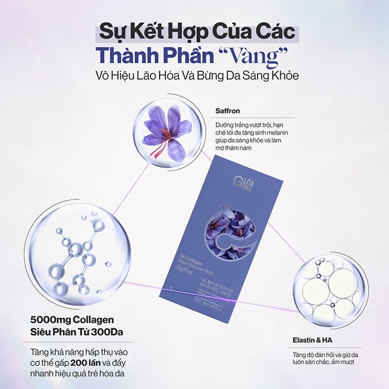 Nước Uống Collagen Siêu Phân Tử 300DA Trẻ Hóa, Hỗ Trợ Dưỡng Sáng, Cân Bằng Nội Tiết Gilaa 5K Collagen Booster 15 gói x 20g