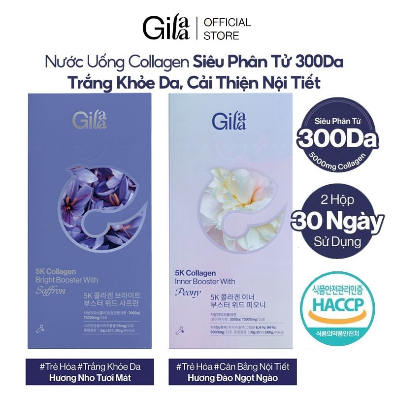 Nước Uống Collagen Siêu Phân Tử 300DA Trẻ Hóa, Hỗ Trợ Dưỡng Sáng, Cân Bằng Nội Tiết Gilaa 5K Collagen Booster 15 gói x 20g