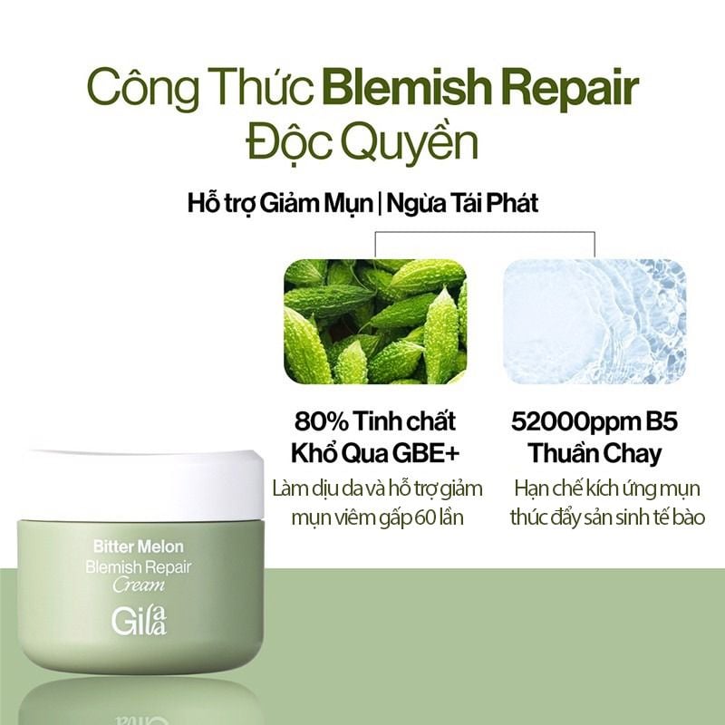 Kem Dưỡng Chiết Xuất Khổ Qua & B5 Giúp Cải Thiện Da Mụn Gilaa Bitter Melon Blemish Repair Cream 50ml