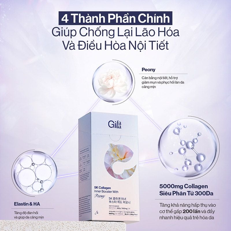 Nước Uống Collagen Siêu Phân Tử 300DA Trẻ Hóa, Hỗ Trợ Dưỡng Sáng, Cân Bằng Nội Tiết Gilaa 5K Collagen Booster 15 gói x 20g