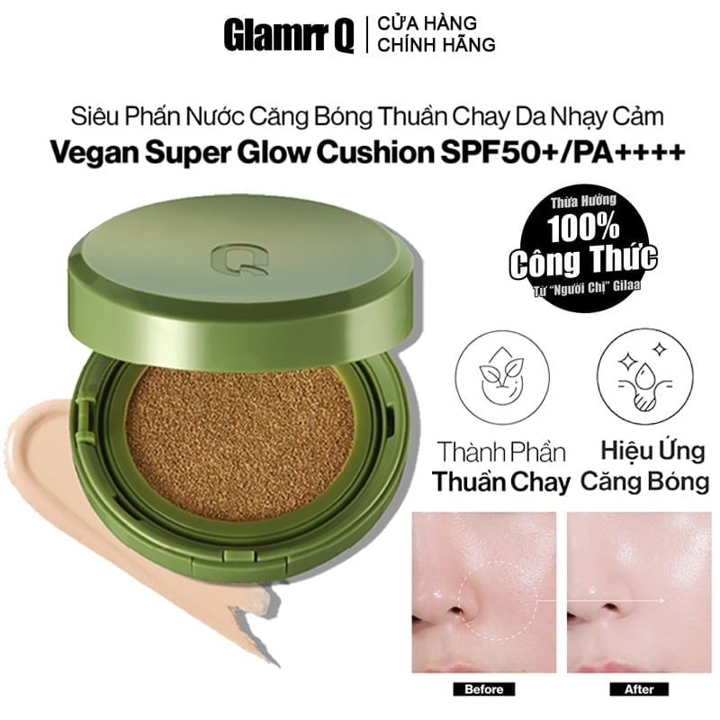 Phấn Nước Dưỡng Ẩm Cho Lớp Nền Căng Bóng, Bền Màu, Thuần Chay GLAMRR Q Vegan Super Glow Cushion SPF50+/PA++++