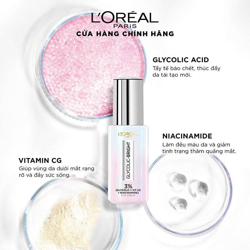 Serum L'oreal Dưỡng Sáng, Mờ Thâm Vùng Mắt Paris Glycolic - Bright Dark Circle Eye Serum 20ml