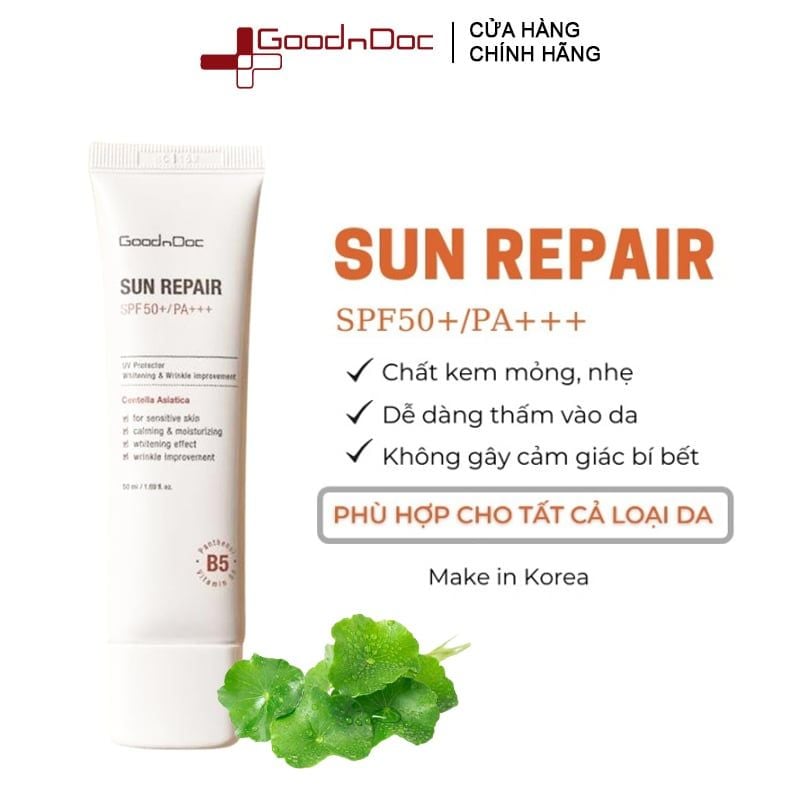 Kem Chống Nắng Dưỡng Ẩm, Hỗ Trợ Phục Hồi Da GoodnDoc Sun Repair SPF50+ PA+++ 50ml