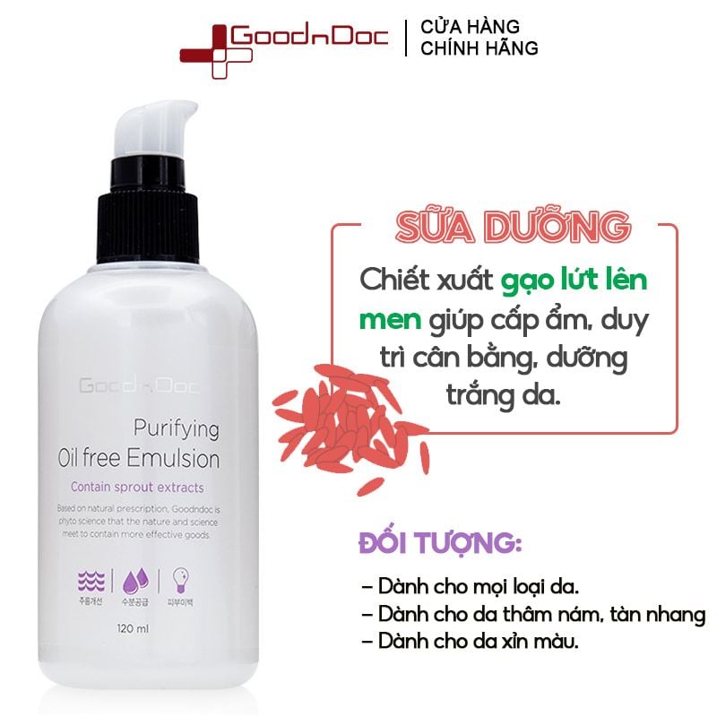 Sữa Dưỡng Ẩm Làm Trắng Da, Ngăn Ngừa Lão Hóa GoodnDoc Purifying Oil-Free Emulsion 120ml