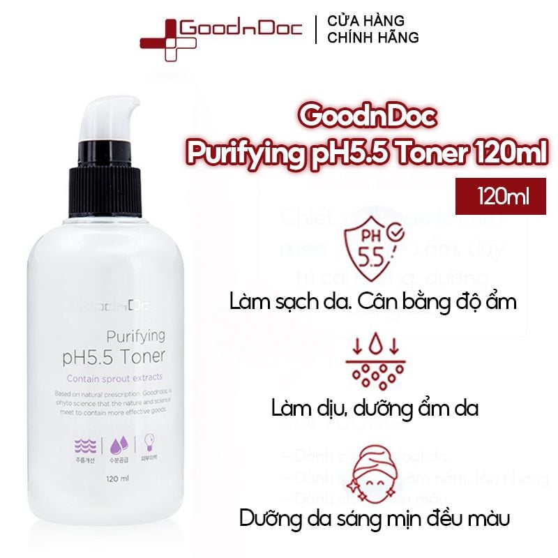 Nước Hoa Hồng GoodnDoc Cấp Ẩm, Dưỡng Trắng, Se Khít Lỗ Chân Lông Purifying pH5.5 Toner 120ml