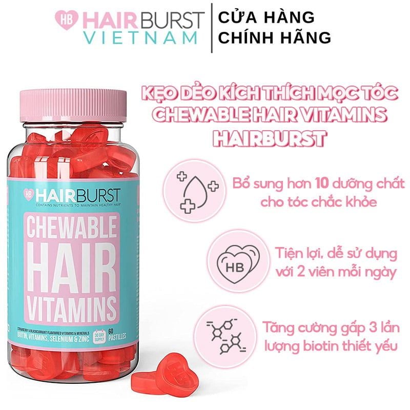 [60 Viên] Kẹo Dẻo Kích Thích Mọc Tóc, Nuôi Dưỡng Tóc Chắc Khỏe Hairburst Chewable Hair Vitamins 60 Pastilles