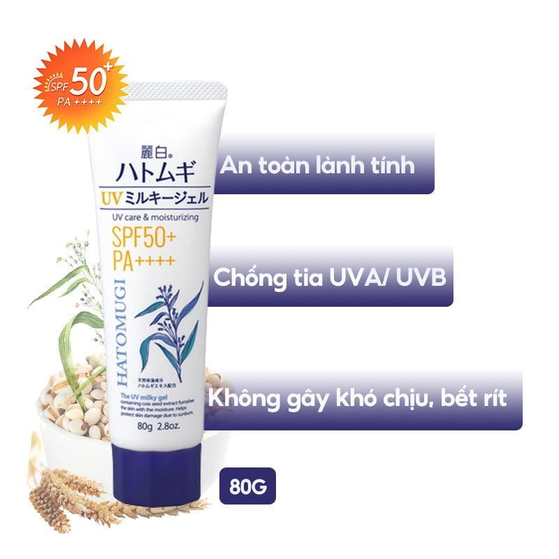 Kem Chống Nắng Hatomugi Dưỡng Ẩm, Hỗ Trợ Dưỡng Trắng Da, Dành Cho Mặt Và Toàn Thân UV Care & Moisturizing Milky Gel SPF50+/PA++++