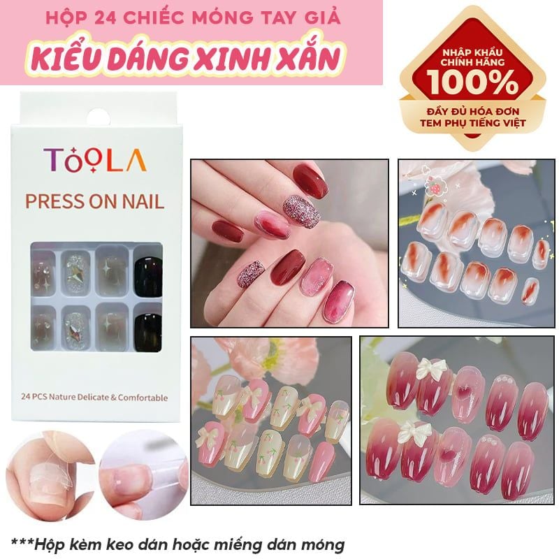 [NHẬP KHẨU] Hộp 24 Móng Tay Giả Siêu Bền Nhiều Họa Tiết Xinh Xắn TOOLA Nail Box (Kèm Keo, Dán Móng Tiện Dụng)