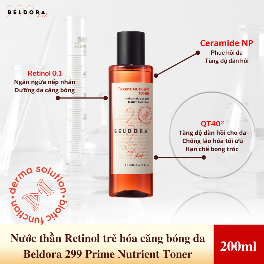 Nước Hoa Hồng Retinol Giúp Đàn Hồi, Căng Mịn Da Beldora 299 Prime Nutrient Toner 200ml