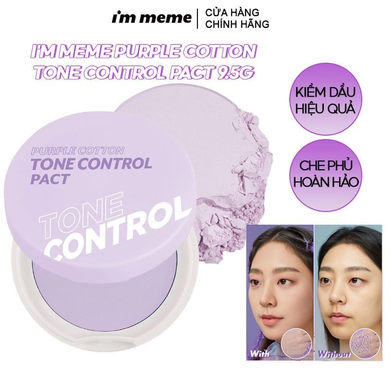 Phấn Phủ Dạng Nén Kiềm Dầu, Nâng Tông, Làm Đều Màu Da I'm Meme Purple Cotton Tone Control Pact 9.5g