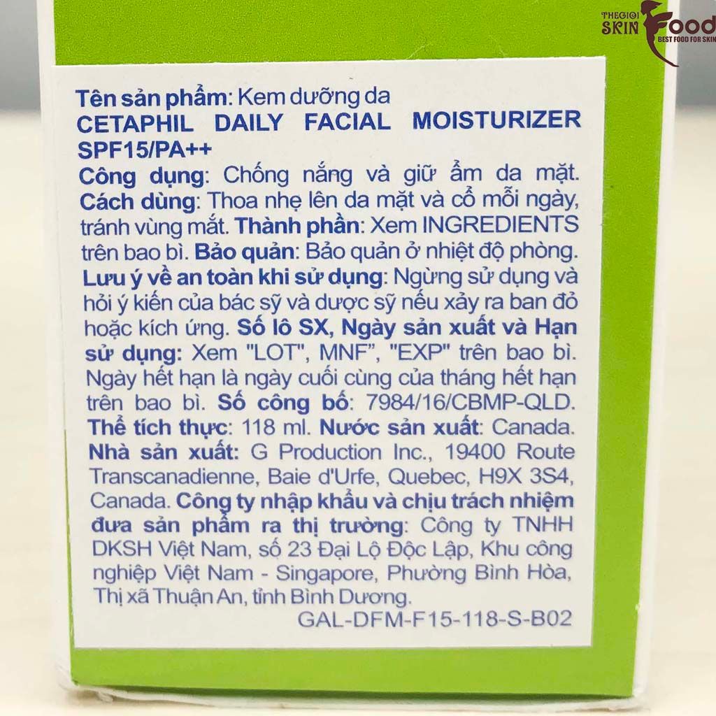 Kem Chống Nắng Dưỡng Ẩm, Diu Nhẹ, Lành Tính Cetaphil Daily Facial Moisturizer SPF15/PA++ 118ml