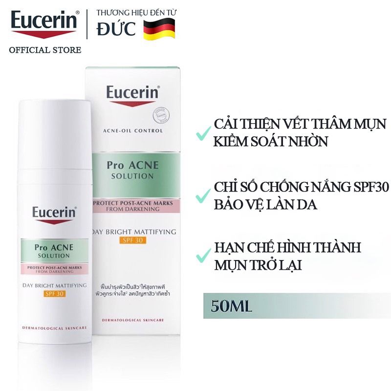 Kem Dưỡng Eucerin Ban Ngày Cải Thiện Thâm Mụn, Kiểm Soát Dầu Acne-Oil Control Pro Acne Solution Day Bright Mattifying SPF30 50ml