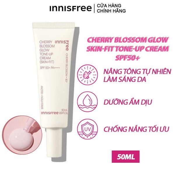 Kem Dưỡng Ẩm Nâng Tông, Làm Sáng, Chống Nắng Cho Da Innisfree Cherry Blossom Glow Skin-Fit Tone-up Cream SPF50+ 50ml
