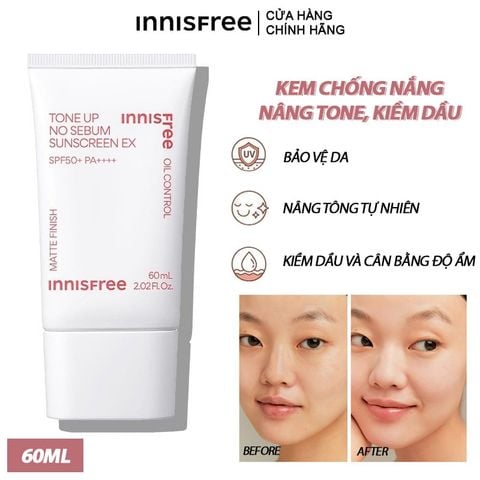 Kem Chống Nắng Innisfree Nâng Tone, Kiềm Dầu Tone Up No Sebum Sunscreen Ex SPF50/PA++++ 60ml