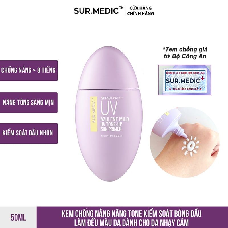 Kem Chống Nắng Nâng Tông Da Tự Nhiên, Che Phủ Nhẹ Sur.Medic Azulene Mild UV Tone-Up Sun Primer SPF50+/PA++++ 50ml