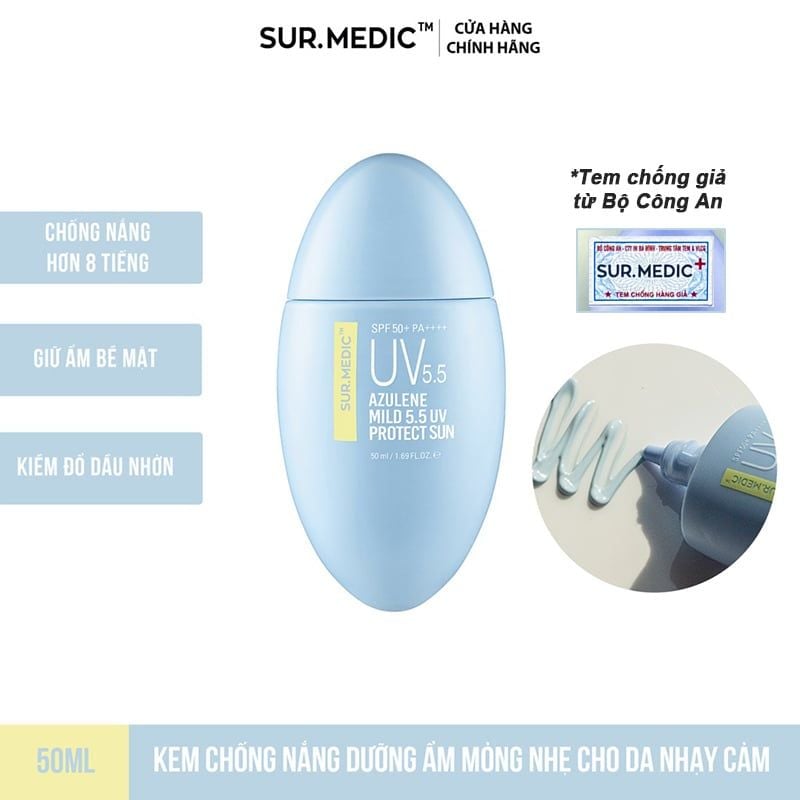 Kem Chống Nắng Dịu Nhẹ, Lành Tính, Độ pH5.5 Sur.Medic Azulene Mild 5.5 UV Protect Sun SPF 50+/PA++++ 50ml