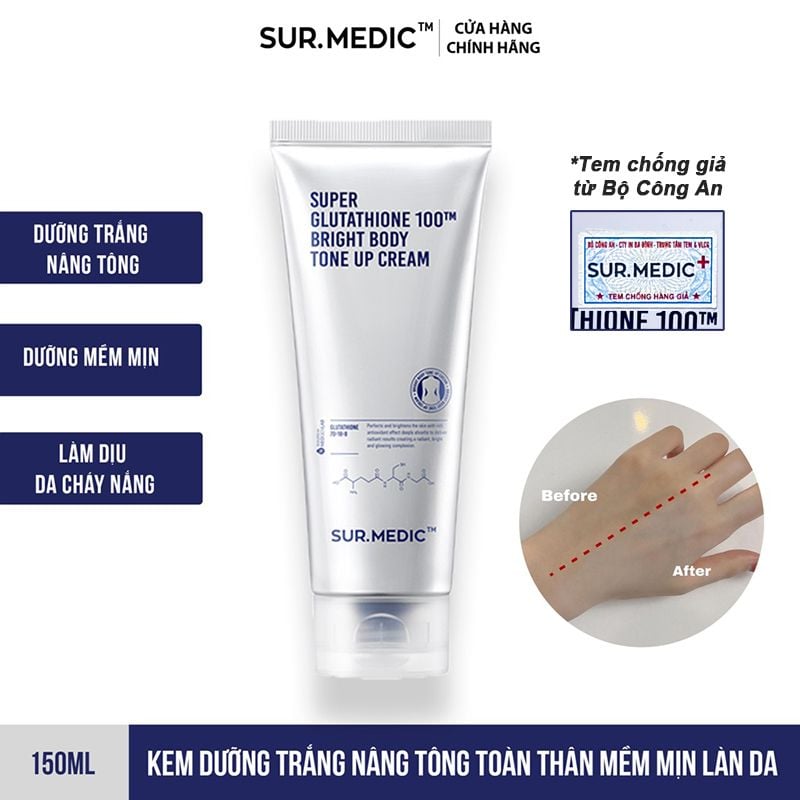[150ml] Kem Dưỡng Thể Trắng Da Nâng Tông Sur.Medic+ Super Glutathione 100TM Bright Body Tone Up Cream