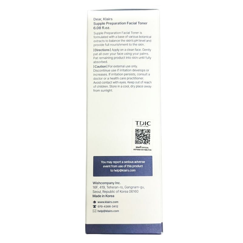 Nước Hoa Hồng Klairs Làm Sạch, Dưỡng Ẩm Supple Preparation Facial Toner 180ml